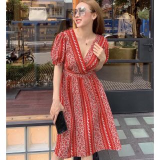 Đầm cổ V thổ cẩm cột nơ sau kèm ảnh thật