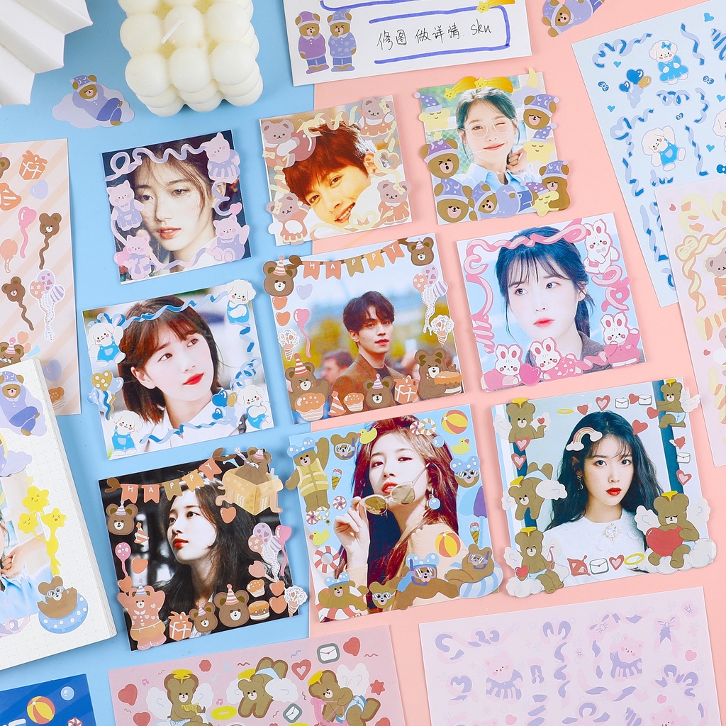 Sticker Gấu ngủ, gấu ruy băng loại vuông trang trí sổ, toploader