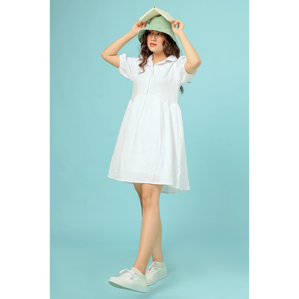 Đầm nữ babydoll cổ sơ mi tay lửng thời trang GAGO v-neck baby dolls midi dress màu trắng GG3473