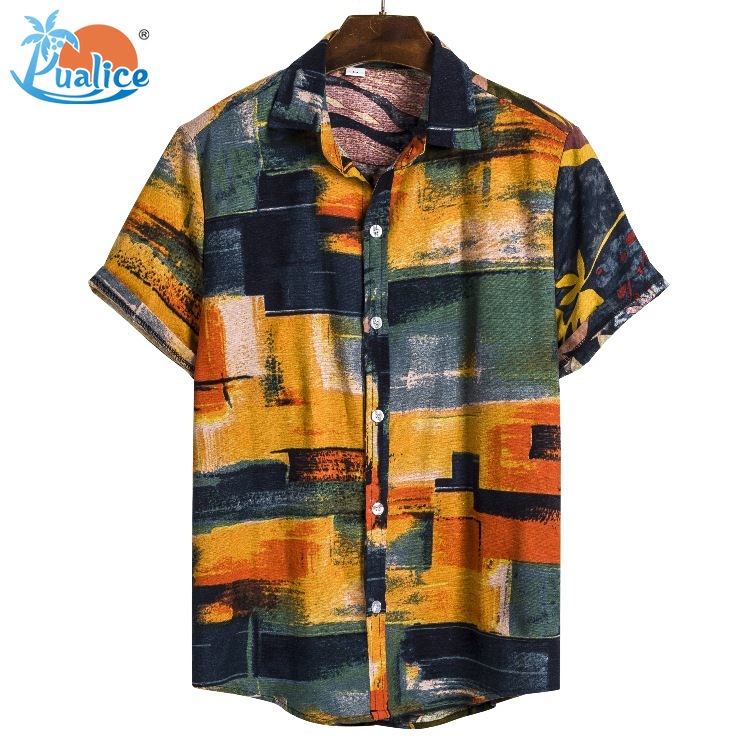 Hawaiian men's printed casual shirt loose retro striped shirt casual T-shirt