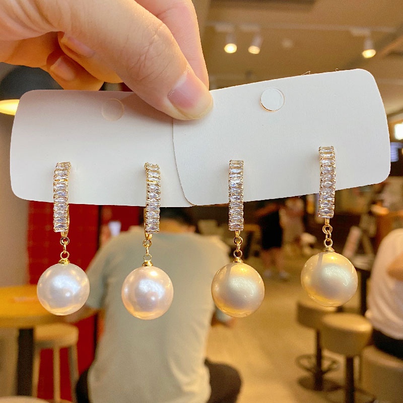 Bông tai mạ bạc 925 hình học đính kim cương và ngọc trai xinh xắn