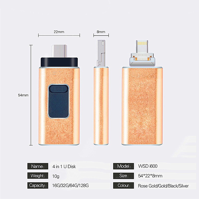 Ổ USB OTG đa năng 4 trong 1 tích hợp giác cắm USB Type-C Micro USB Lightning