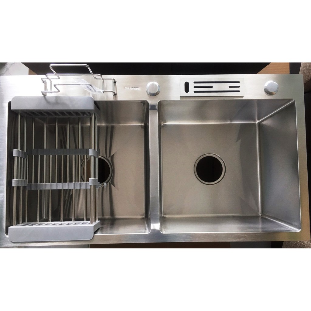 Chậu rửa chén bát inox 304 (10050 - 2 hộc cân đúc nguyên khối) - Tặng Kệ Để Đồ Đa Năng