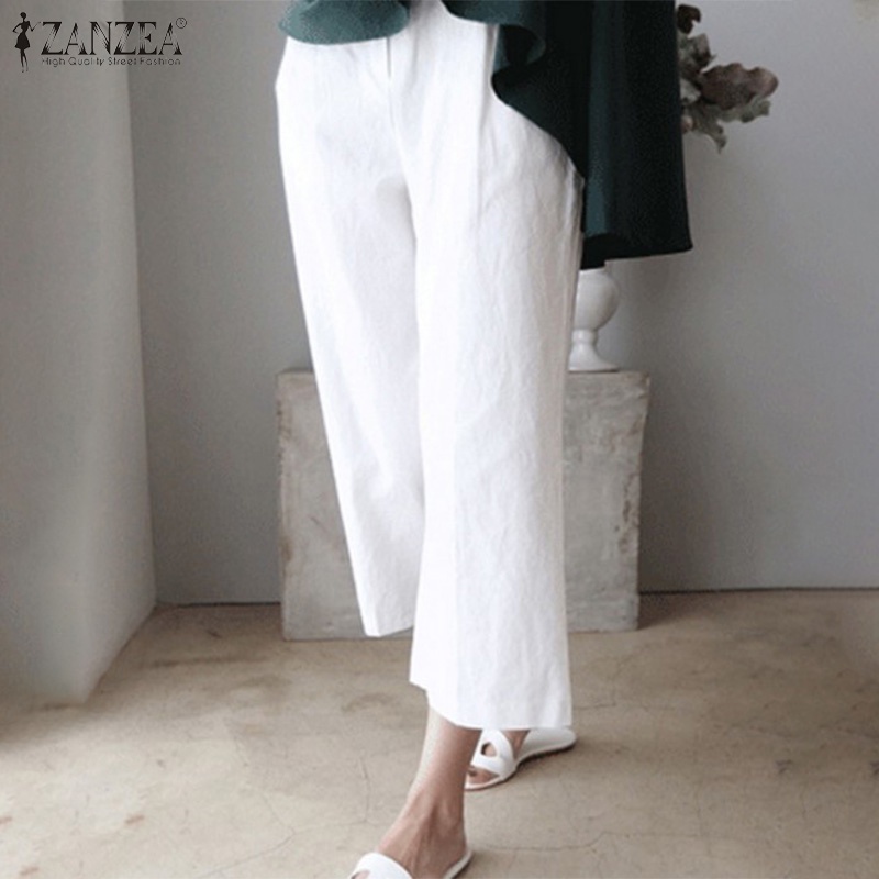 Quần ZANZEA ống rộng lưng cao màu trơn thời trang cho nữ