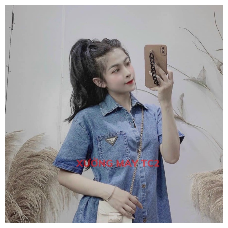 Áo sơ mi jean MẶT LOGO from rộng- áo bò demin ngắn tay phong cách ulzzang hàn quốc XƯỞNGMAYTC2