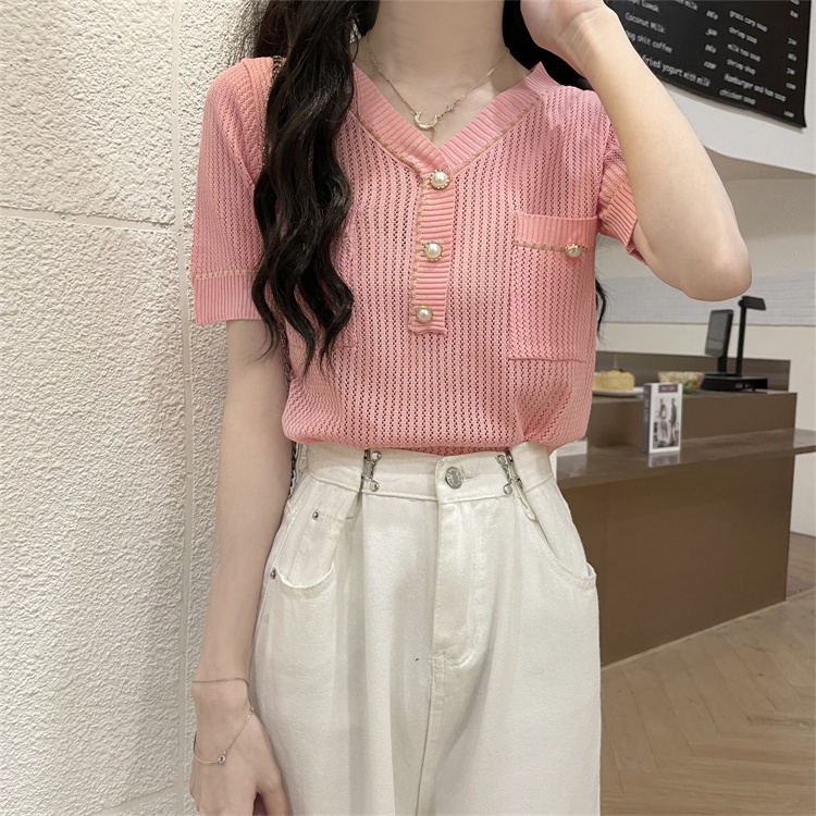 SUXI Áo Thun Dệt Kim Tay Ngắn Cổ Chữ V Màu Sắc Trơn Phong Cách Hàn Quốc Cho Nữ