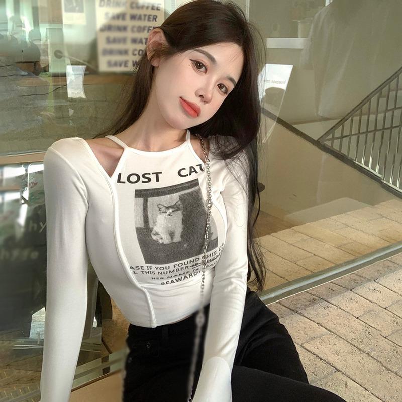 Áo thun lửng tay dài khoét vai gợi cảm cho nữ