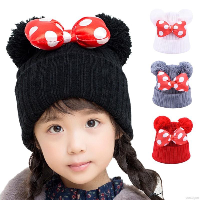 Sweet Baby Kids Ball Design Hats Dot Print Bowknot Wool Hemming Caps