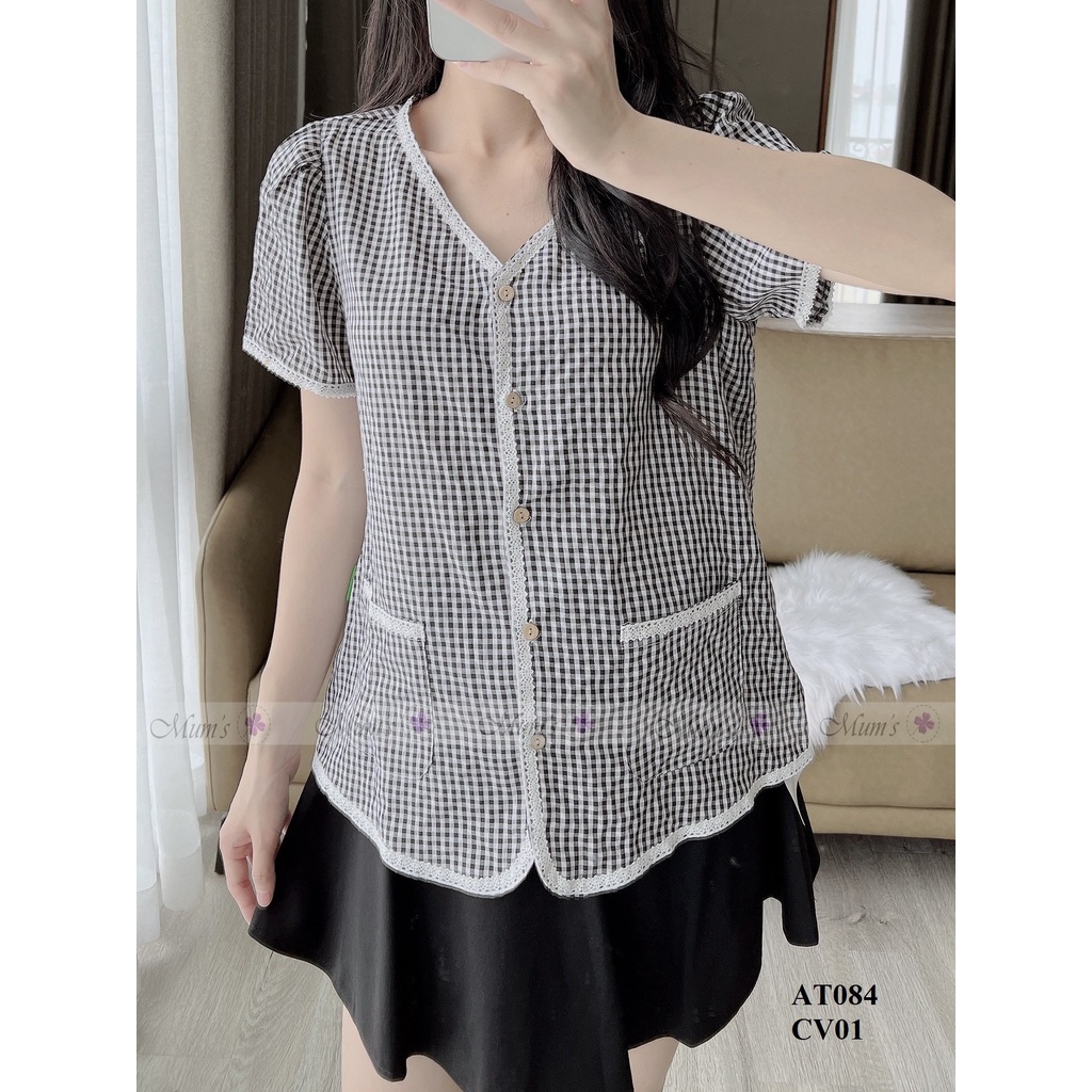 ÁO BẦU XINH MÙA HÈ MUM'S SHOP FREESHIP Áo bầu caro đen trắng cổ tim