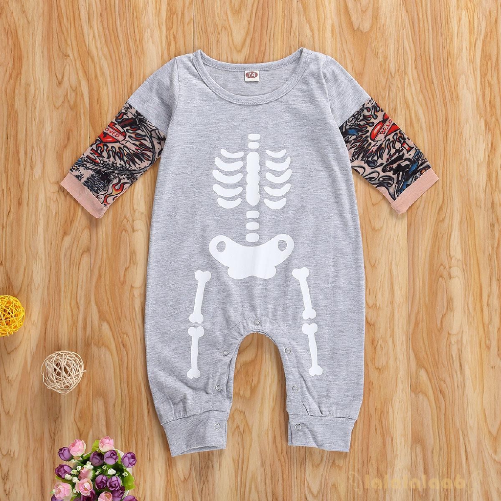 Jumpsuit Tay Ngắn Cổ Tròn Hoạ Tiết Hình Xăm Phong Cách Halloween Cho Bé