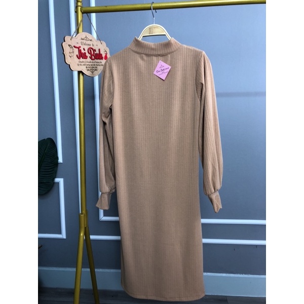 Đầm len tăm tay bo chun dáng suông cổ cao Váy dài form rộng 3 màu giữ nhiệt tốt