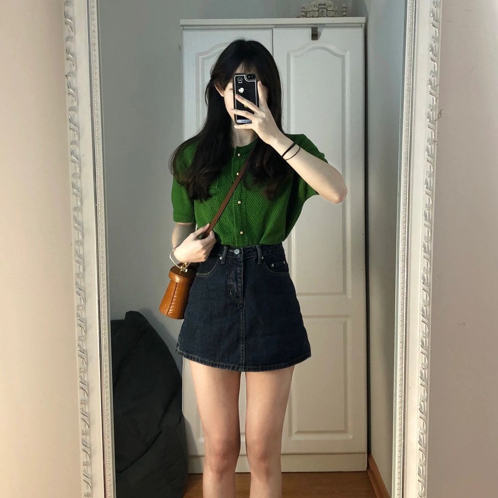 Bộ Áo Dệt Kim Ngắn Tay + Chân váy jean Lưng Cao Thời Trang Dành Cho Nữ 2530