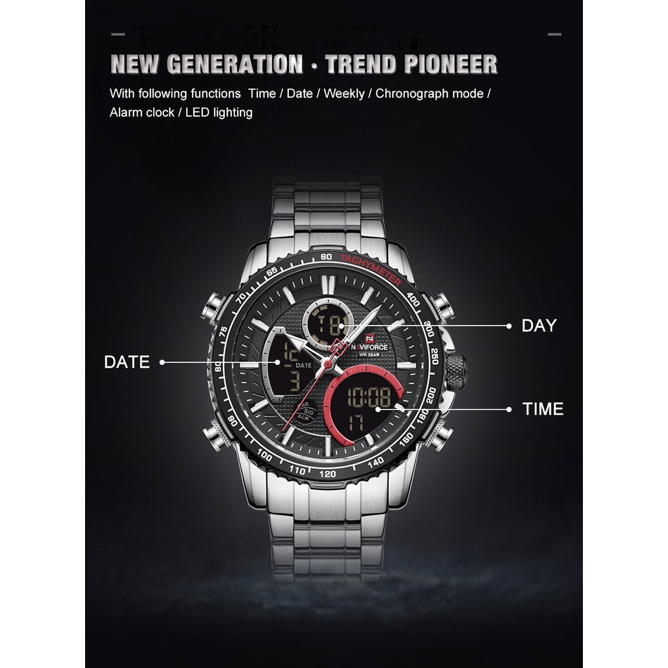Đồng hồ thể thao NAVIFORCE NF9182 mặt thép không gỉ mạ bạc sang trọng dành cho nam