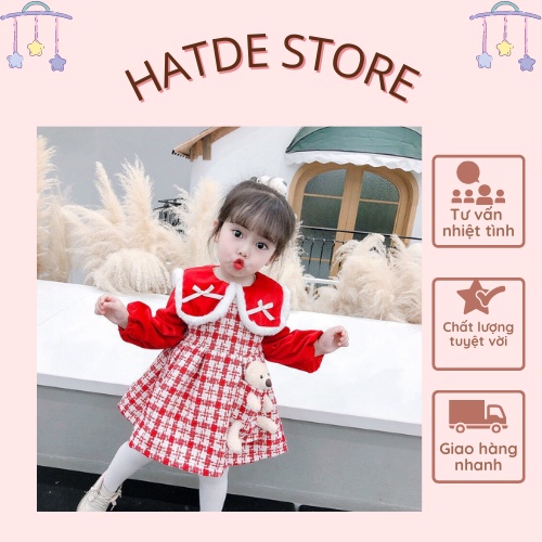 Váy bé gái Hatdestore dài tay bo chun dáng xòe họa tiết kẻ cổ bản phối viền điệu đà chất liệu dạ ấm áp