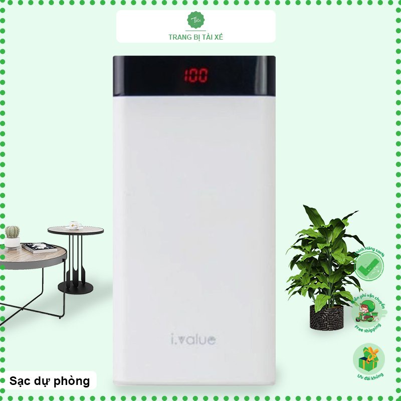 Sạc pin dự phòng 20000 mAh chính hãng ivalue 2 đầu ra 2 đầu vào. Nạp lại đơn giản bằng sạc điện thoại iphone, samsung.