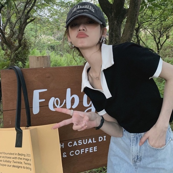 【ZHELIHANGFEI】 Áo Thun POLO Dệt Kim Ngắn Tay Phối Màu Tương Phản Cá Tính