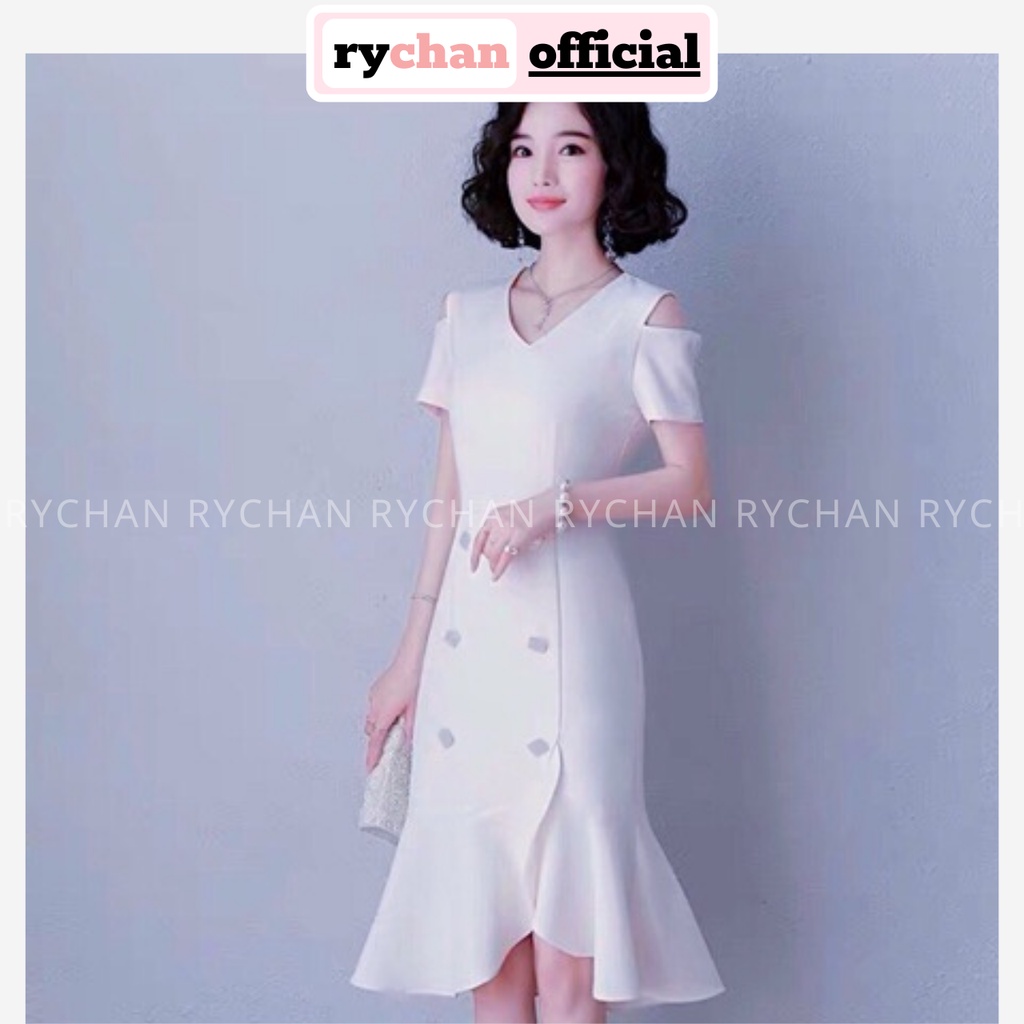 Đầm Thiết Kế Nữ Cổ Tim Khoét Vai 6 Nút Đuôi Cá Cực Thanh Lịch Sang Trọng - DX9825