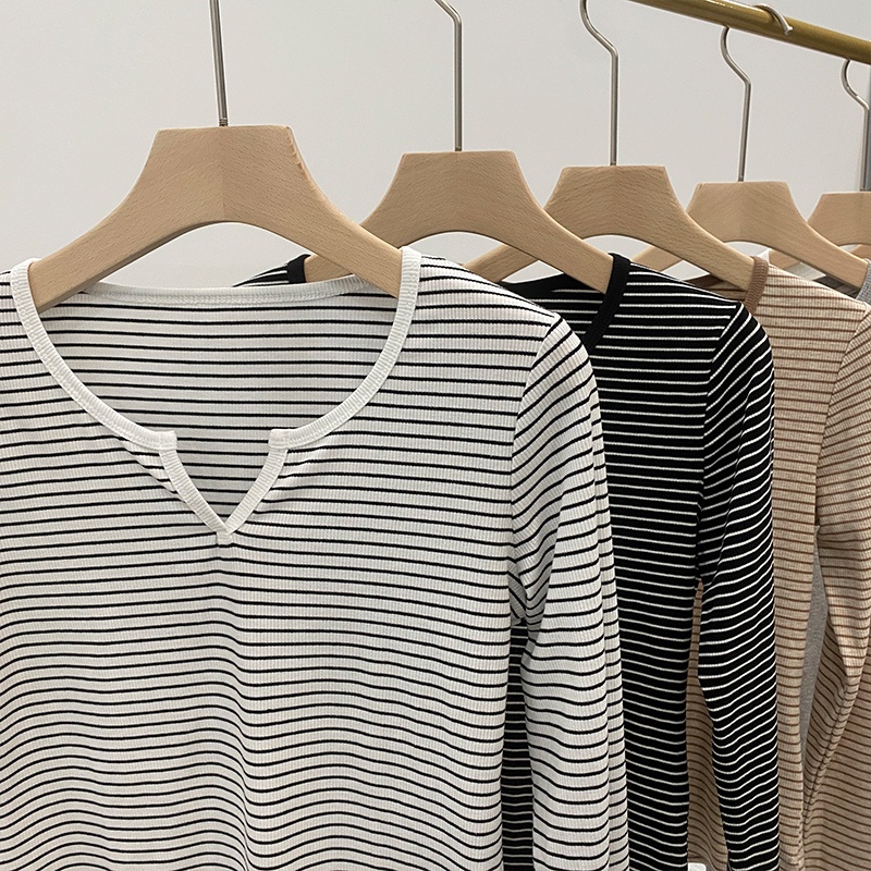 Áo Thun Kẻ Sọc Cổ Chữ v Phong Cách Hàn Quốc Thời Trang Mùa Thu Dành Cho Nữ 54921