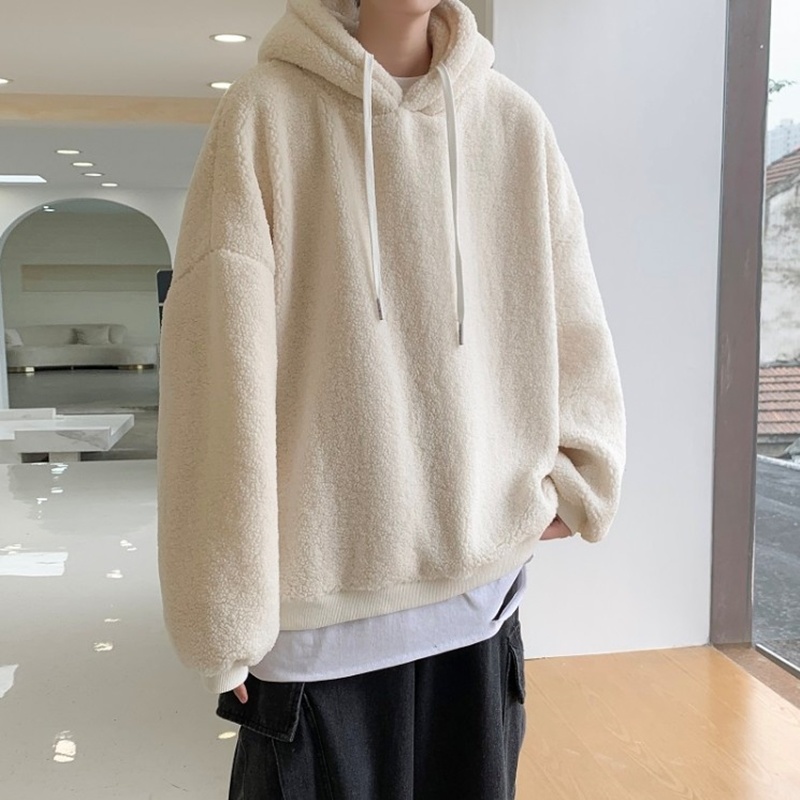 Áo khoác hoodie len lông cừu dáng rộng thời trang mùa đông cho nam giới