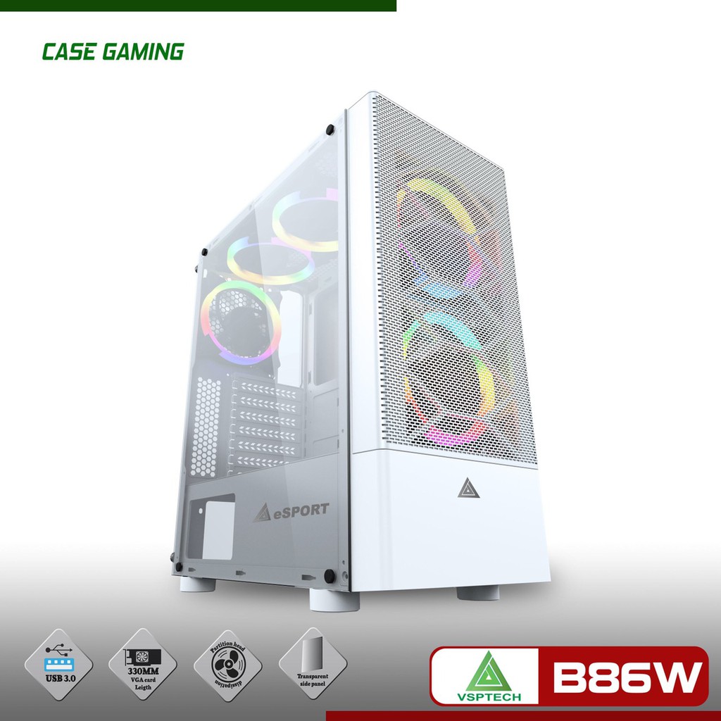 Vỏ nguồn máy tính-Case VSPTECH Gaming B86P- White (trắng)- case gaming