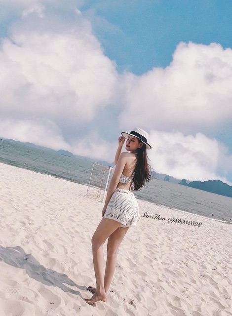 Set biển - set 2 món - áo bra đan móc sexy kiểu lưới + quần ren hoa phối dây da (có tách rời)