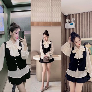 Set gile len sơ mi voan buộc nơ