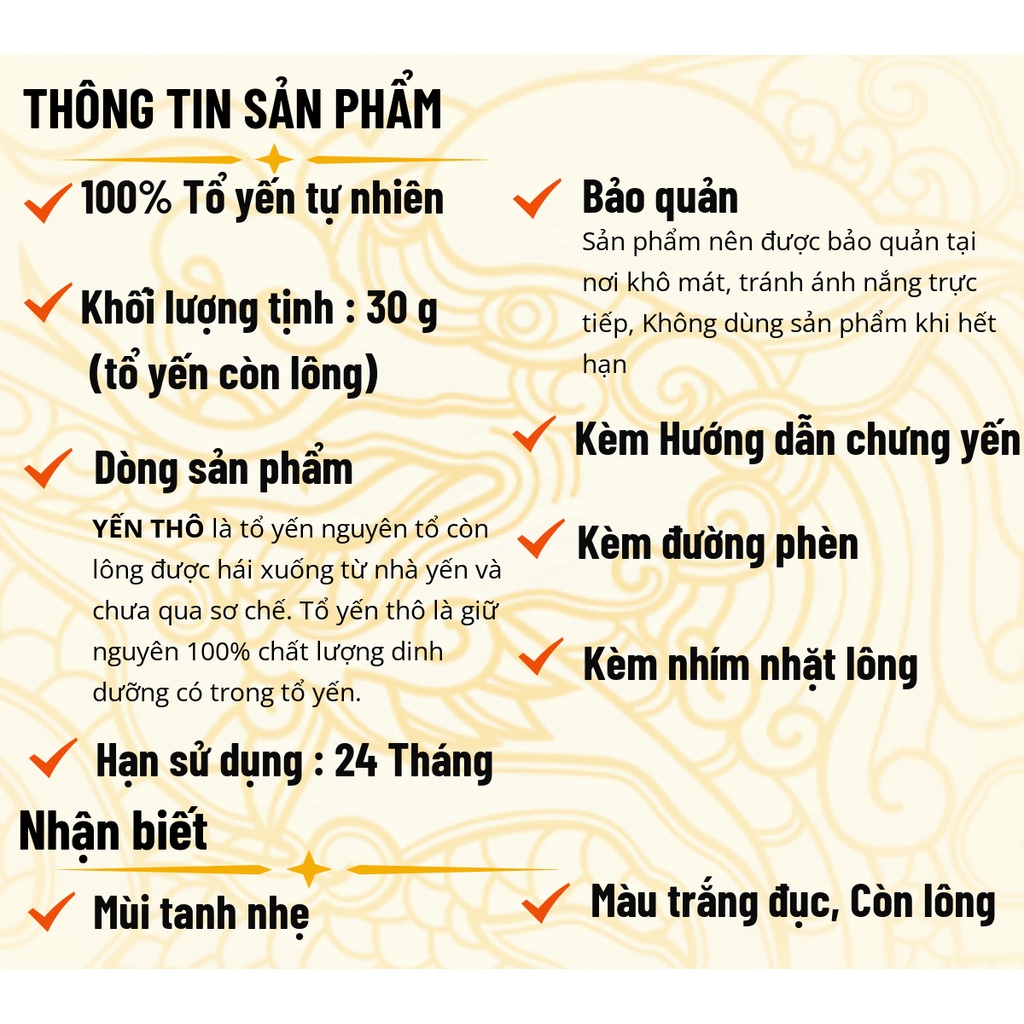 Tổ yến thô, Yến sào Trung Nam, Sản phẩm còn lông 100% tự nhiên nguyên chất, 30 gram /