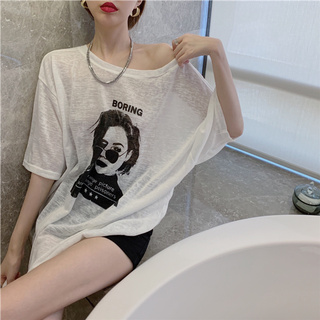 Áo Thun Ngắn Tay Dáng Rộng In Họa Tiết Phối Ren Thời Trang Mùa Hè Cho Nữ