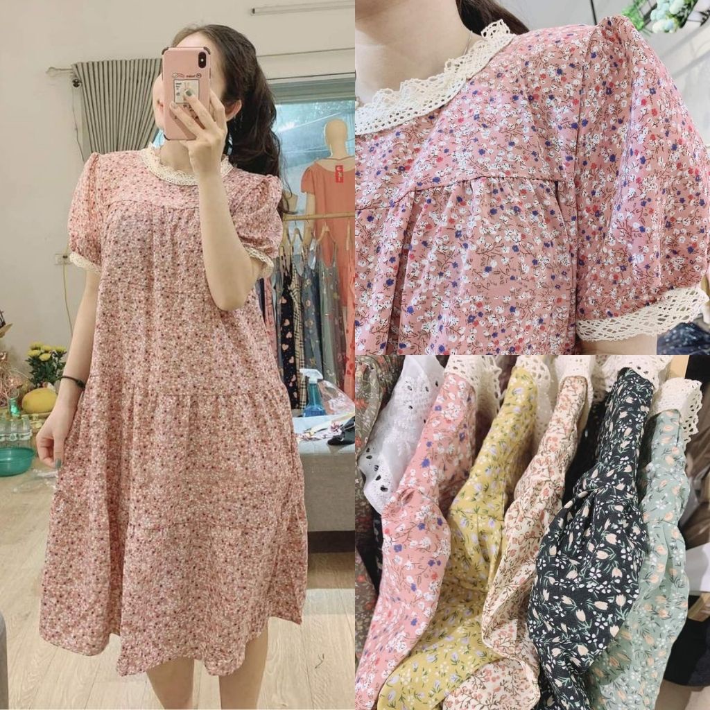 Đầm bầu ngắn tay hoa nhí ren cổ có dây đai MSP262 thời trang thiết kế Mom and Baby