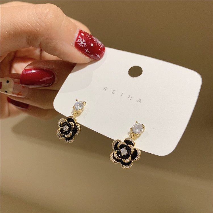 Khuyên tai bạc 925 hình hoa nhỏ đính đá màu đen cá tính