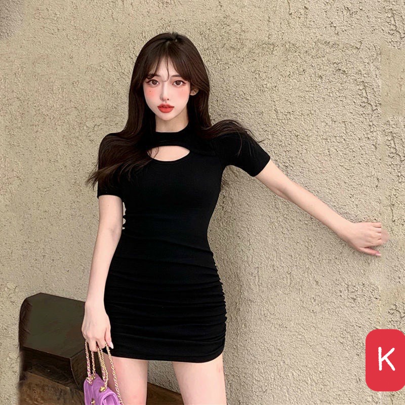 Đầm khoét ngực tay ngắn cổ tròn ôm body dáng ngắn mẫu mới