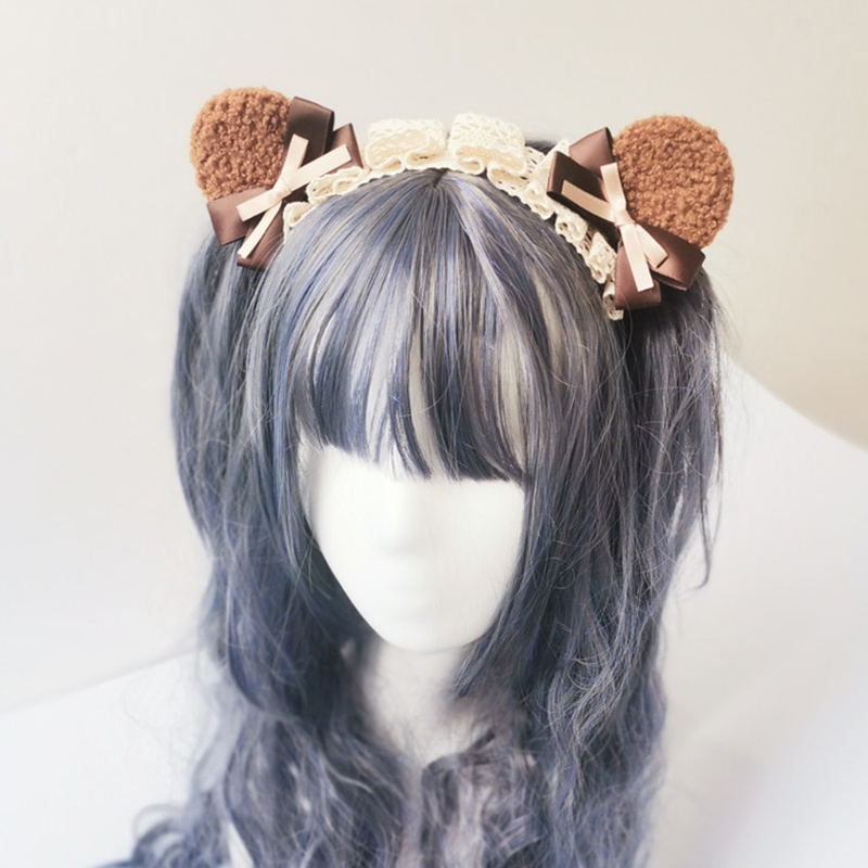Cài tóc hình tai gấu phối ren đính nơ phong cách lolita cho nữ