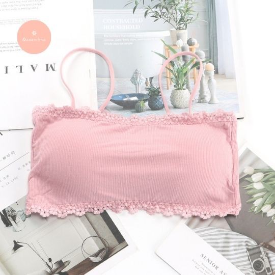 Áo bra viền ren, áo brallte 2 dây chất cotton co dãn tốt, lót cài sau mút mỏng, Queennga