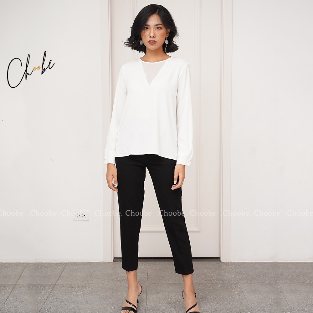 [Mã WABRM4  giảm 15% tối đa 50k đơn 150k] Áo sơ mi nữ Choobe dài tay trắng, cổ cách điệu voan V mềm mại thanh lịch - A16 | BigBuy360 - bigbuy360.vn