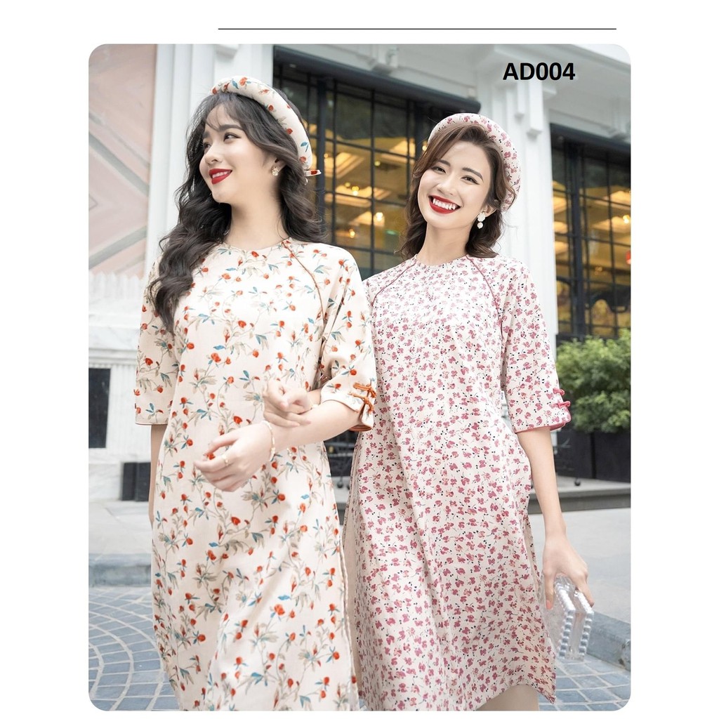 Áo dài cách tân KÈM QUẦN dáng suông TWINS STORE chất nhung tăm, họa tiết hoa nhí xinh xắn - AD004