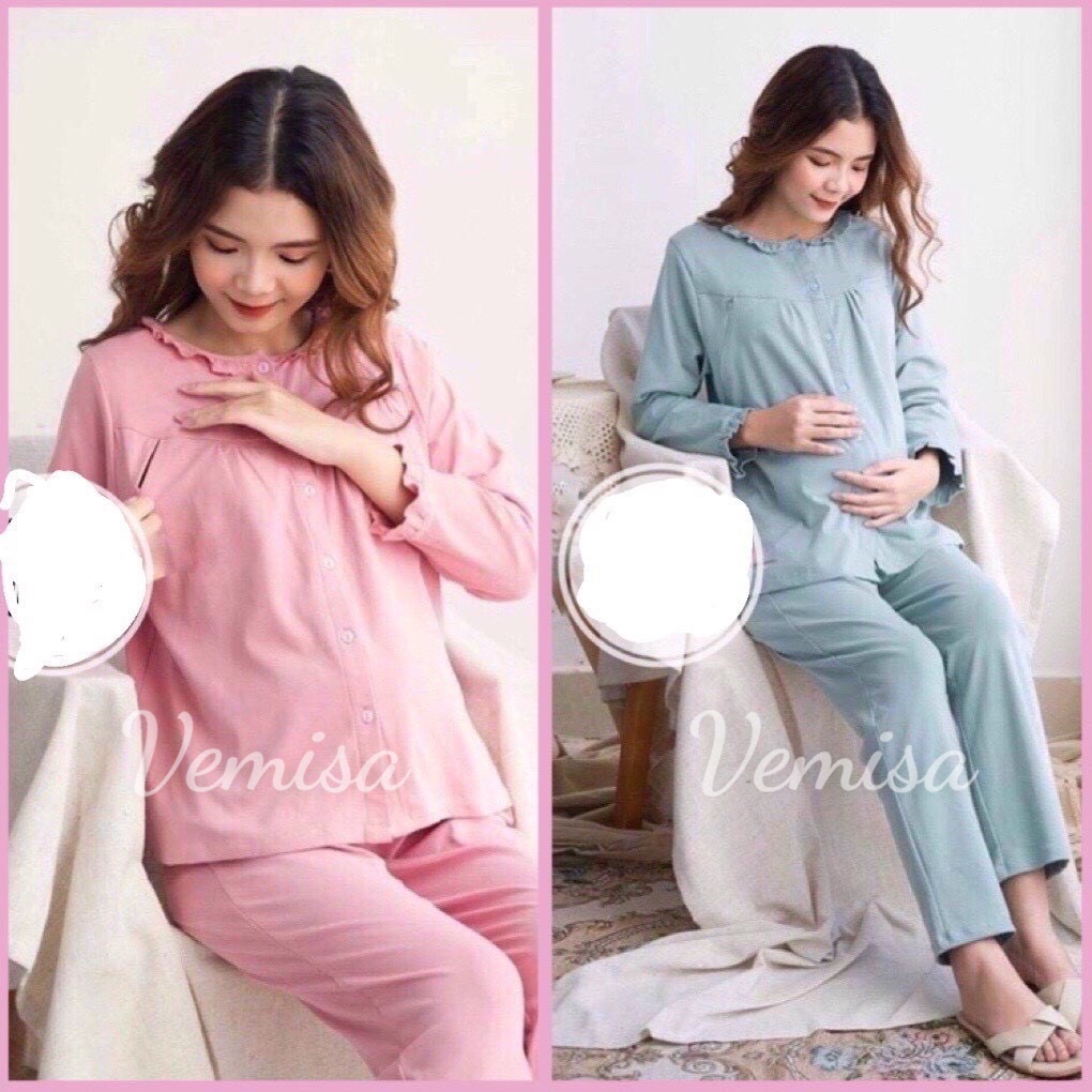 Bộ Đồ Bầu, Bộ Đồ sau sinh Cổ Bèo Dài tay chất thun cotton siêu sịn có khóa kéo ti tiện lợi BD919
