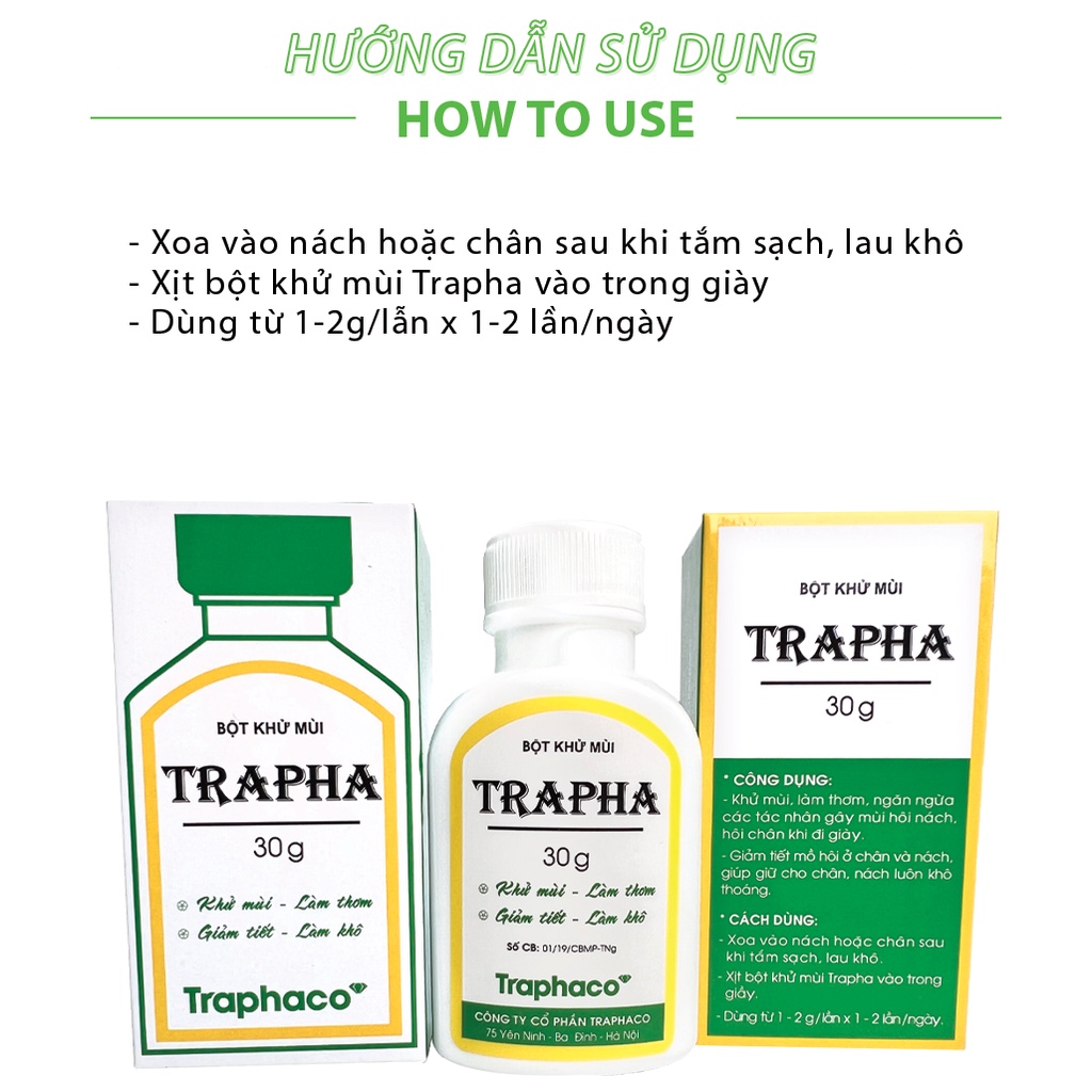 Bột khử mùi hôi chân, hôi nách Trapha 30g giúp khử mùi, làm thơm, giảm tiết mồ hôi chân, nách