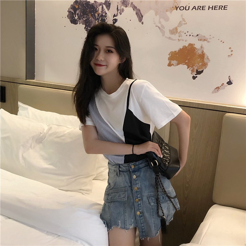 Áo thun SUXI tay ngắn cổ tròn kẻ sọc phong cách Hàn Quốc cho nữ