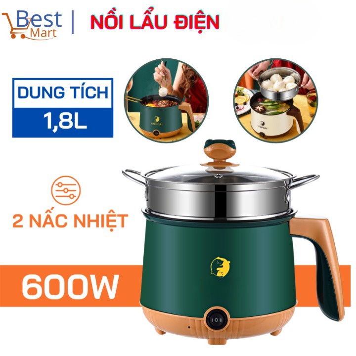 Nồi Lẩu Điện Mini Đa Năng 2 Tầng Chống Dính 18cm kèm giá hấp Inox, Bảo Hành 12 Tháng