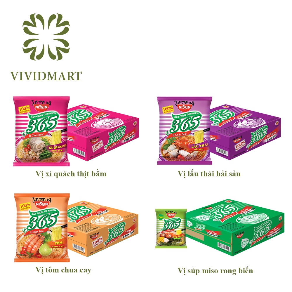 MÌ 365 KHÔNG CHIÊN 4 VỊ: XÍ QUÁCH THỊT BẰM, TÔM CHUA CAY, LẨU THÁI HẢI SẢN, SÚP MISO RONG BIỂN NHẬT - NISSIN