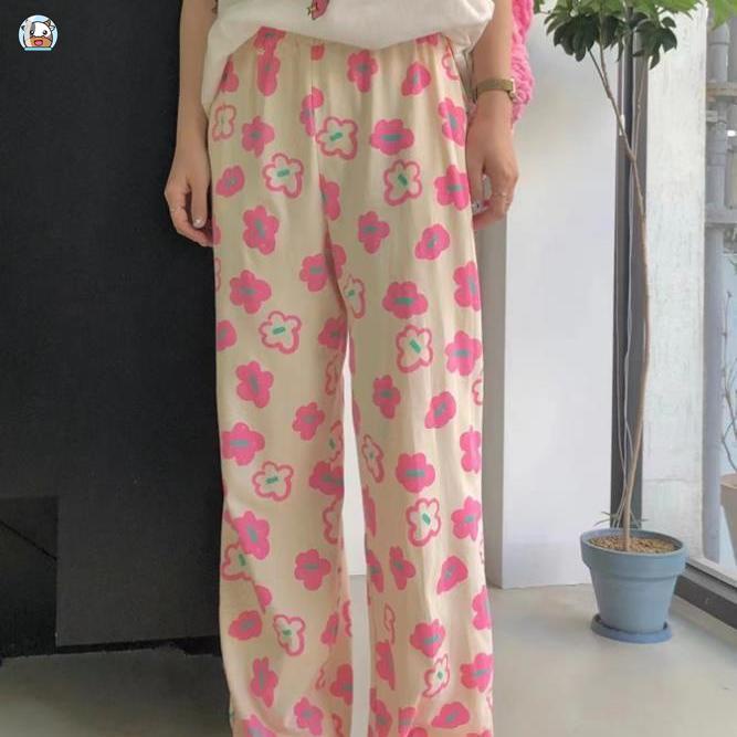 Quần Ngủ Lưng Cao Dáng Rộng In Họa Tiết Hoa Thời Trang Mùa Thu Phong Cách Hàn Quốc Cho Nữ