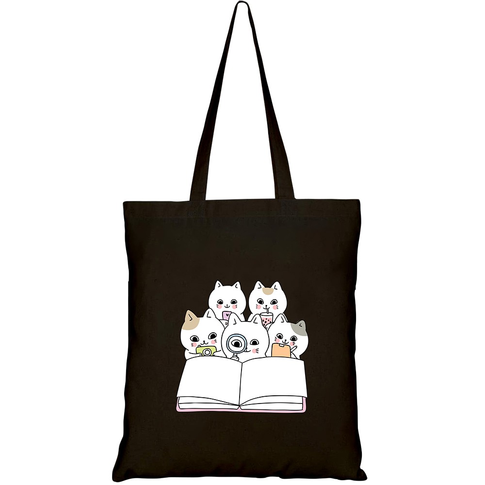 Túi vải tote canvas HTFashion in hình cartoon cute back school cats reading book HT153