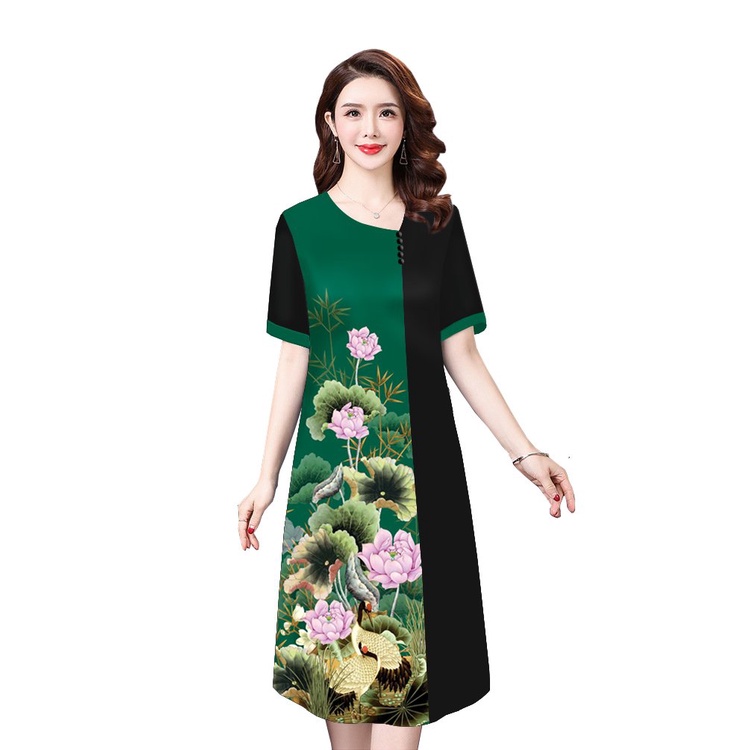 Đầm Suông Dáng Dài Tuổi Trung Niên Dự Tiệc Cấp In Hoa Lá Phối Màu Vải Lụa Cho Mẹ U50 3333 3334