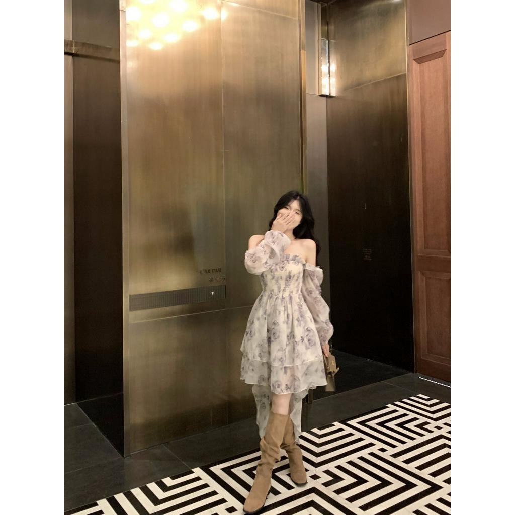 Đầm Dài Dáng Chữ A Hở Vai In Họa Tiết Hoa Hồng Nhẹ Nhàng Thanh Lịch