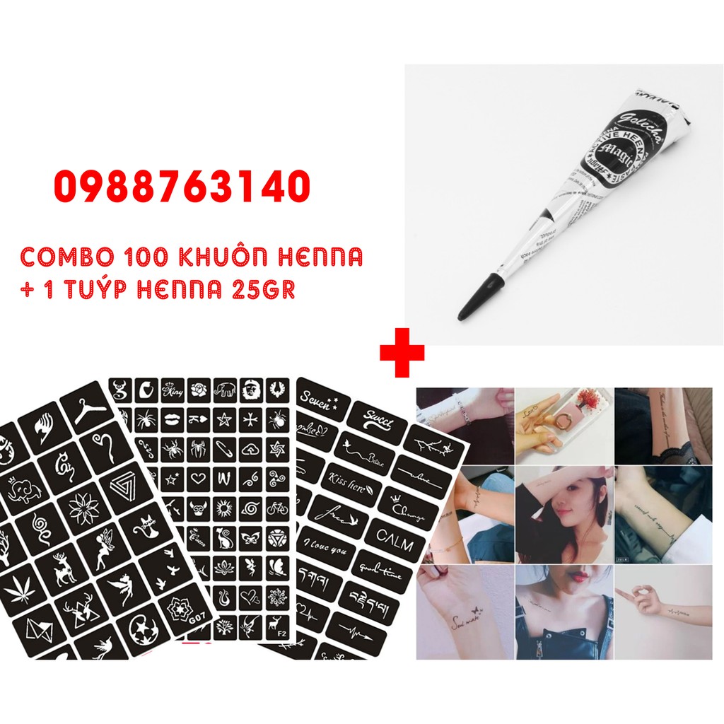 [Sỉ ] Mực xăm tạm thời, mực henna, Hình xăm TẶNG 100 HÌNH KHUÔN ngẫu nhiên