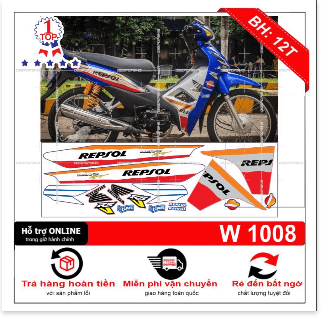 ( Quí khách vui lòng mang ra tiệm cho thợ dán ) Tem wave a 110 Repsol bạc xanh
