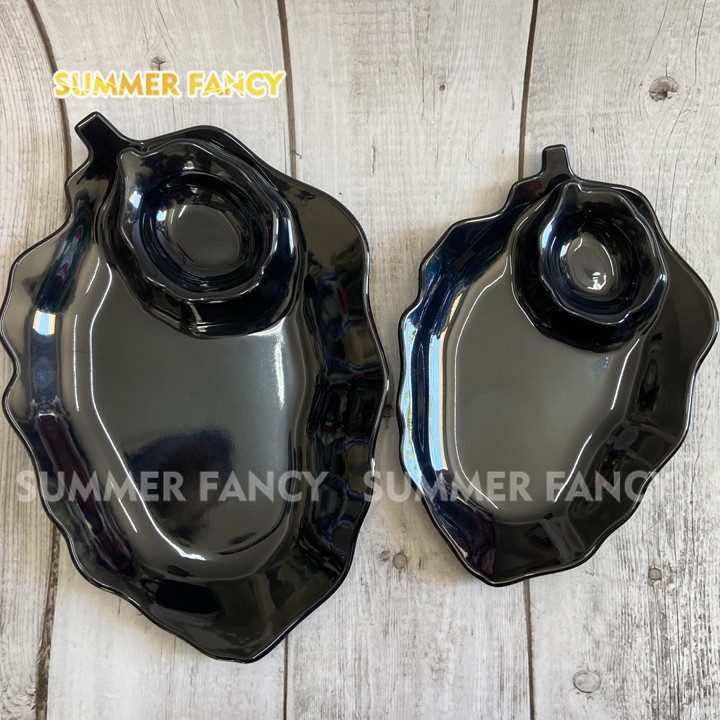 Dĩa lá kèm chén tương 32cm đen, trắng, xanh lá melamine phíp - Leaf shape dish F-DTC08