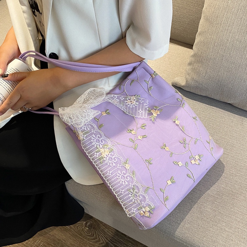 IELGY Túi tote Đeo Vai Màu Trơn Phối Ren Thời Trang Xinh Xắn Cho Nữ