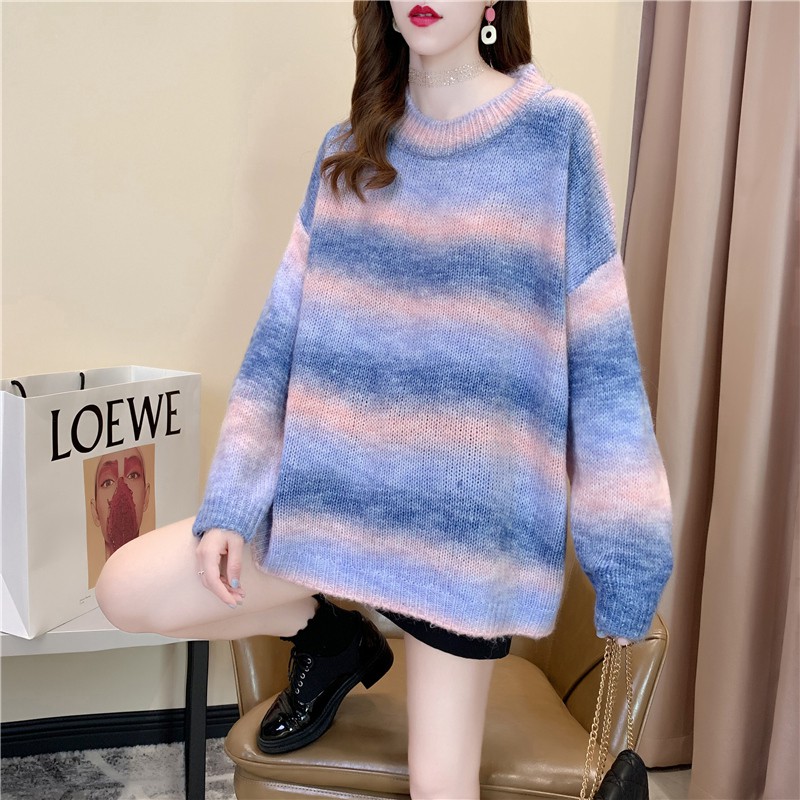 Áo Len Sọc Xanh Free Size Quyên Fashion Áo Nữ Phom Rộng Hàn Quốc Trễ Vai