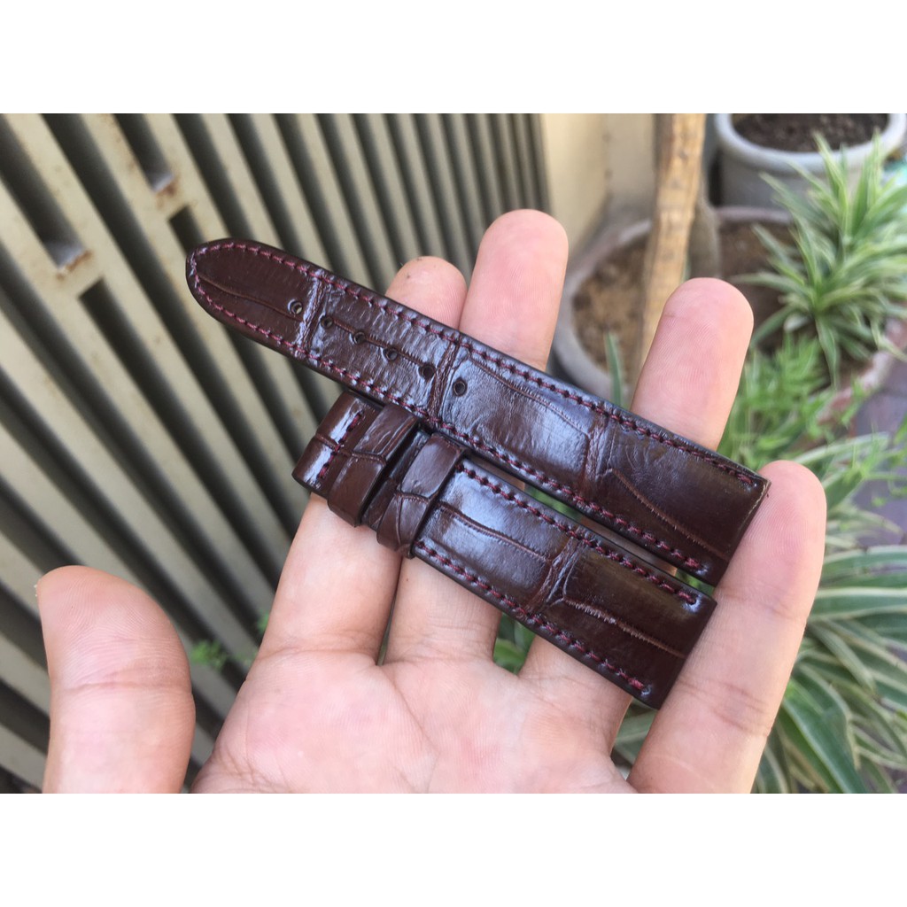 Dây Đồng Hồ Da Cá Sấu Handmade Màu Nâu Đậm Vân Đốt Tre Cho Nam Đủ Size